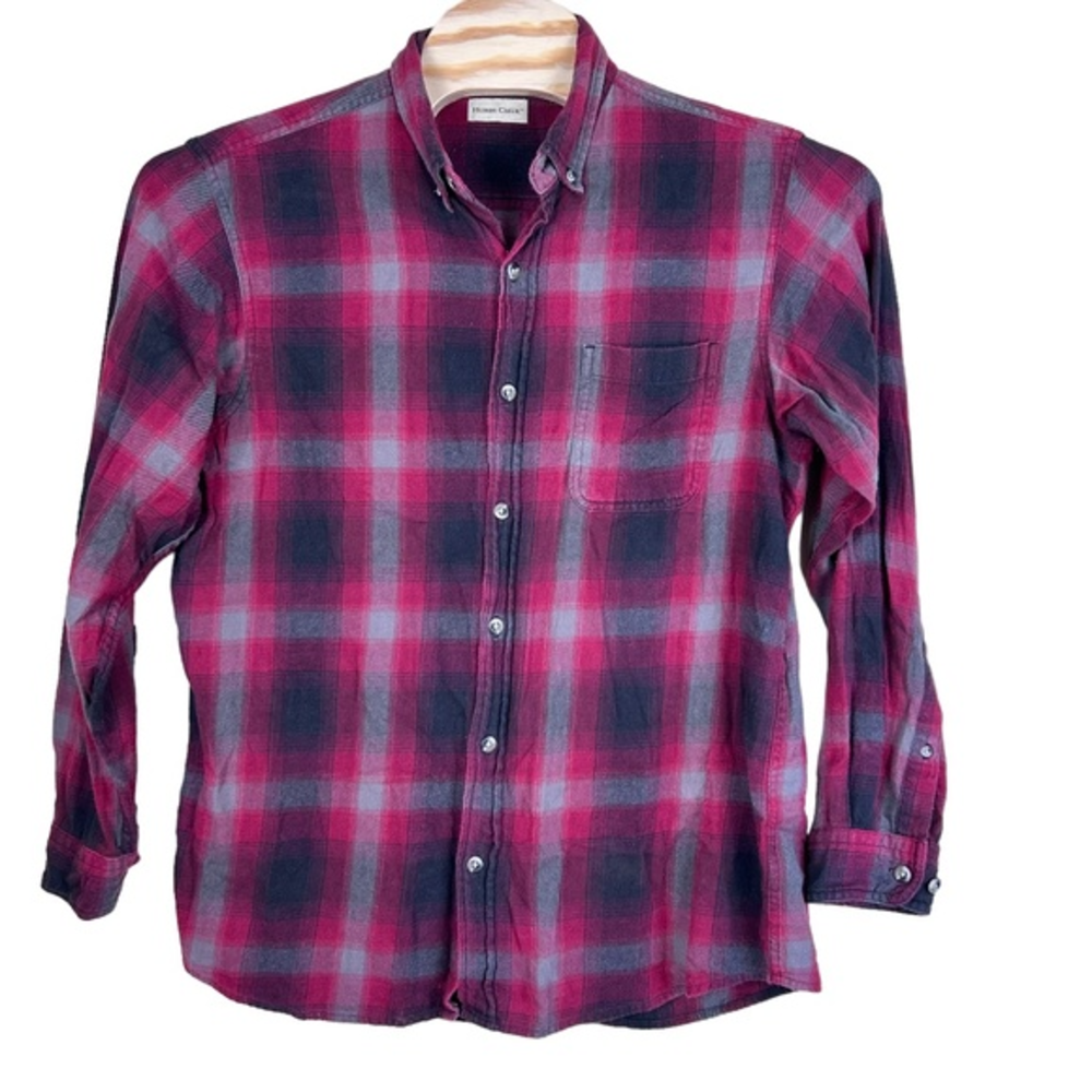 Hobbs Creek Red Gray Plaid‎ Flannel Button Down Shirt 100% Cotton Men’s Large